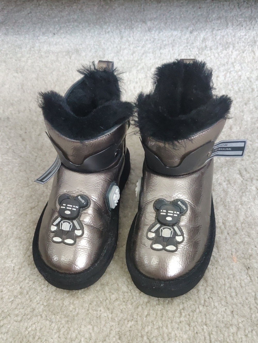 Girls Metallic Bronze Faux-Fur Winter Boots Bear Accent Y2K Outdoors Cottagecore